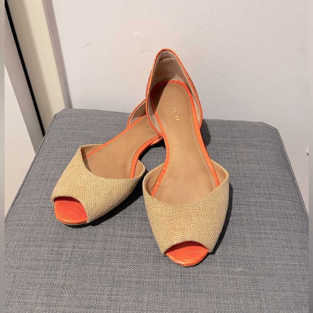 Coach Leather and Raffia Peep Toe Flats